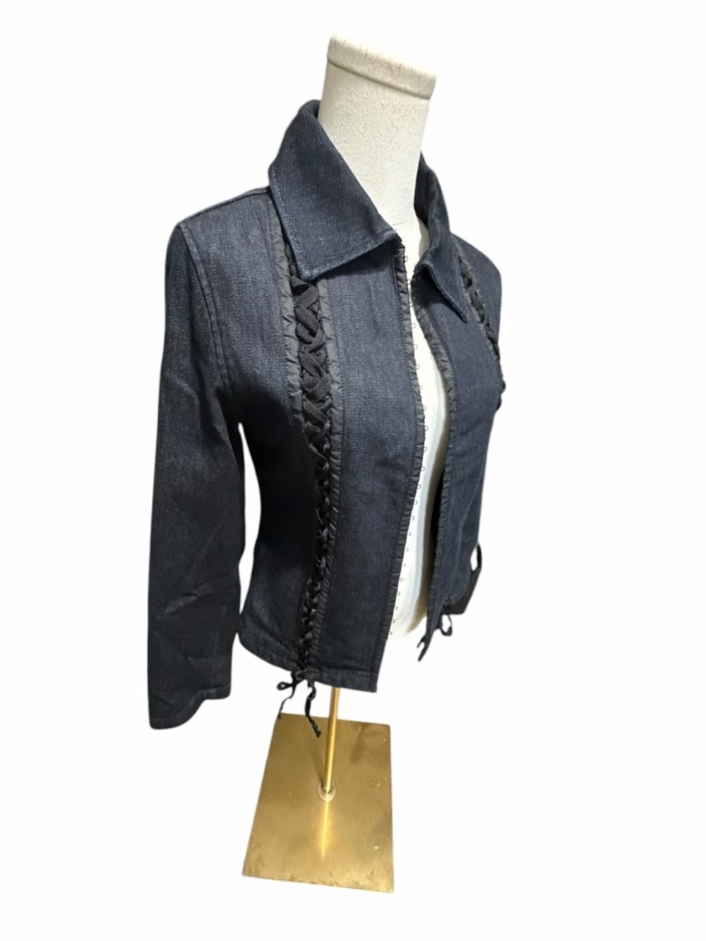 Mariella Burani Woven Trim Dark Denim Jacket Made In Italy - Womens Med - Picture 2 of 15